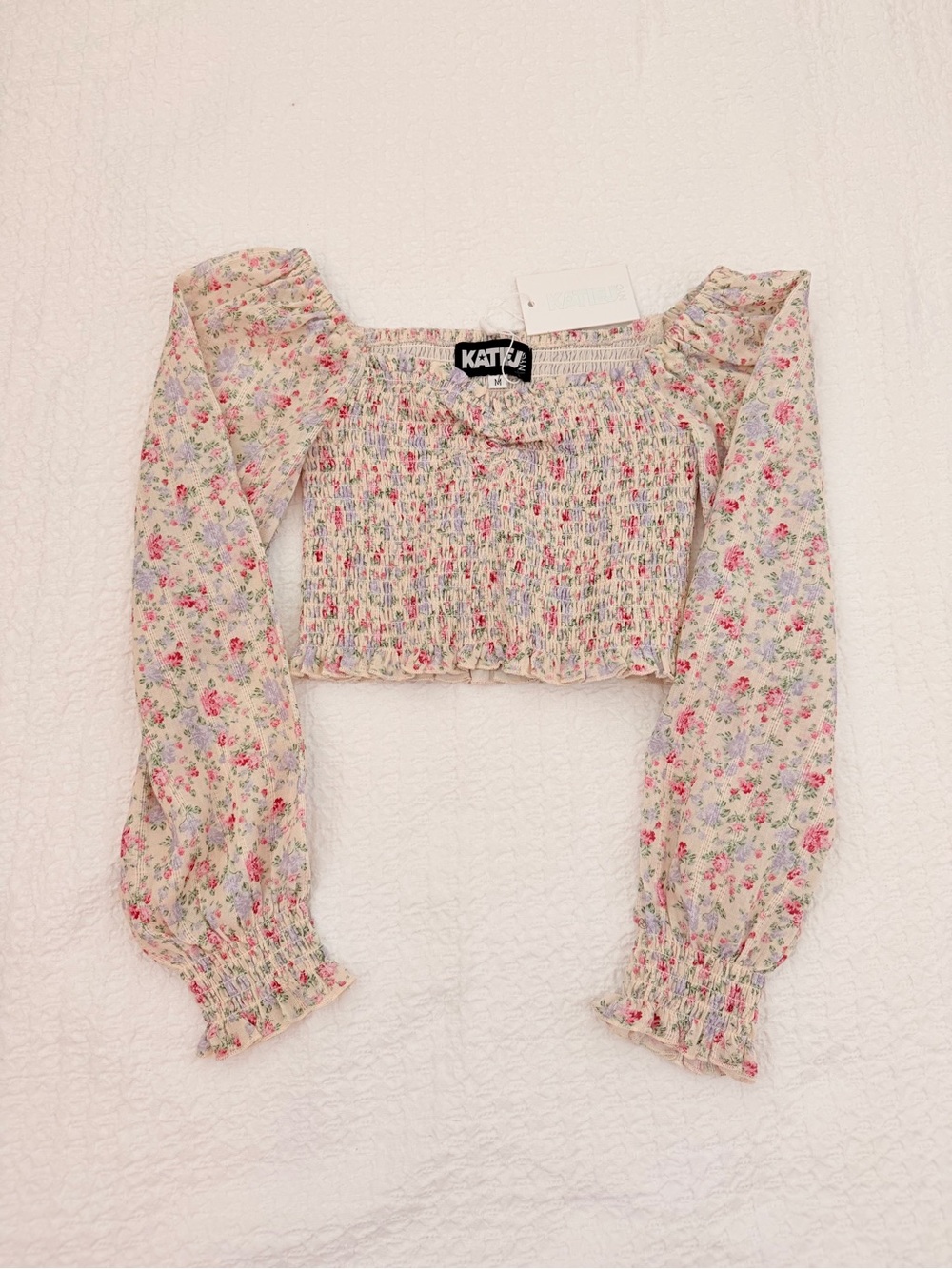 NWT Floral Smocked Crop Top in Cream with Pink Accents